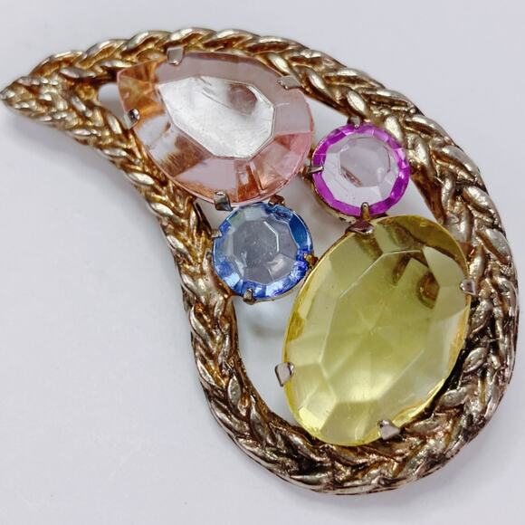 VTG 40s 50s Mid Century Lucite Paisley Brooch Gold Tone Multicolor Pin Sparkly - Picture 7 of 10